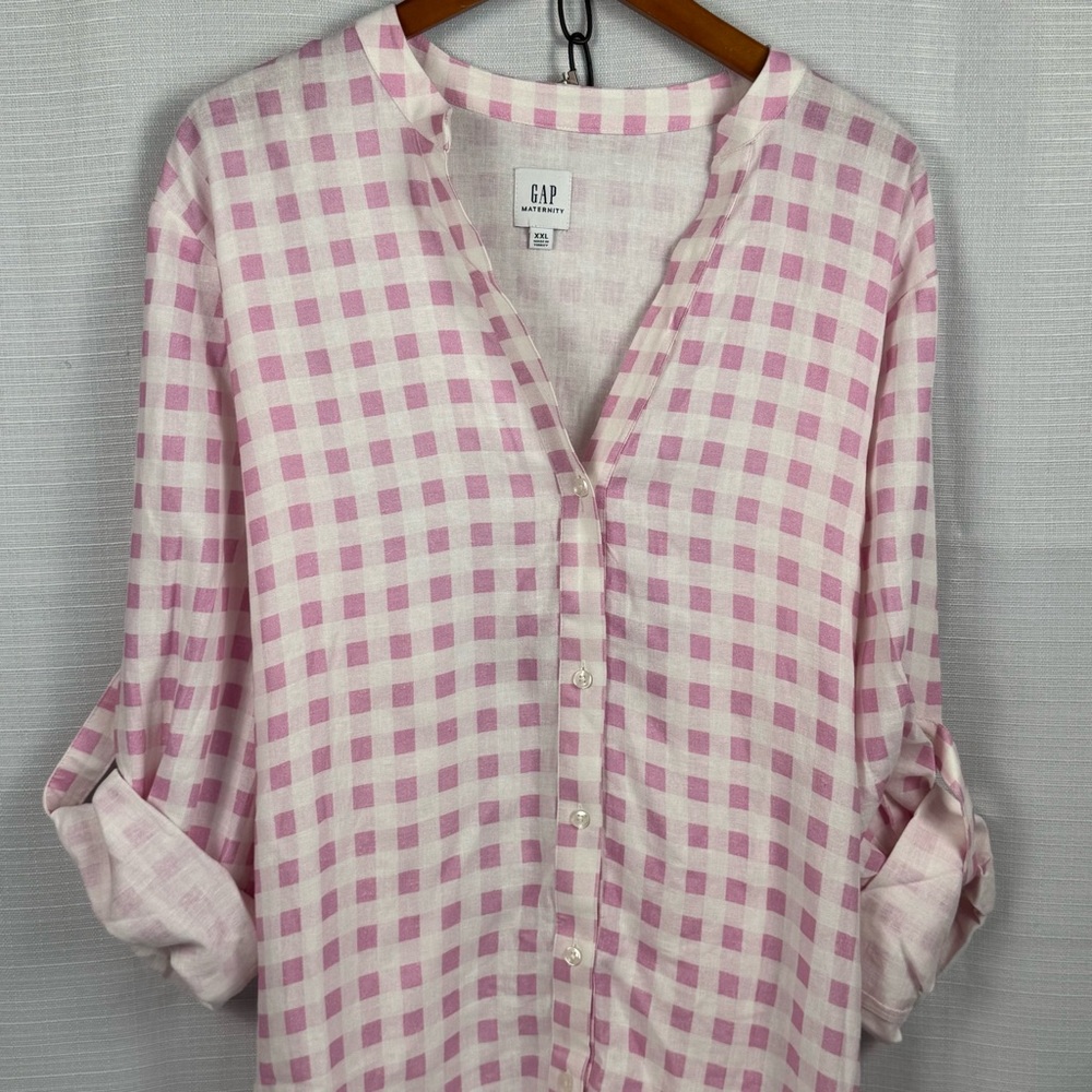Gap‎ Maternity XXL Pink White Gingham Linen Blend Roll Tab Button Down Shirt